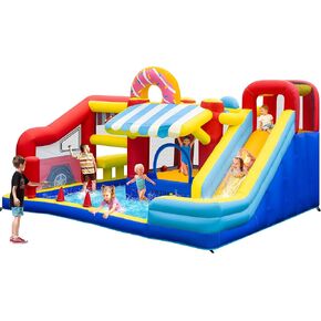 VIVOHOME 9 in 1 Bounce House for Kids, Market Theme Inflatable Bounce House with Slide, Bouncy Castle with Blower for Outdoor, Basketball, Climb, Jump Area, Ball, Water Pool, Hoop