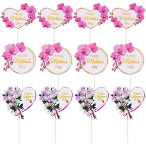 SUMERSHA 12 Pieces Happy Mother's Day Cake Toppers Flower Cupcake Topper for Mother's Day Birthday Cake Decoration Party Supplies, 3 Styles