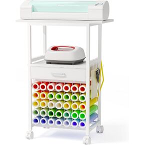 طاولة منظم العربة الحرفية متوافقة مع CRICUT-عربة تخزين متداول الكل في واحد مع حاملات لفائف الفينيل ، درج النسيج وخطافات ، ملحقات أداة عمل خزانة الخزانة ، أبيض