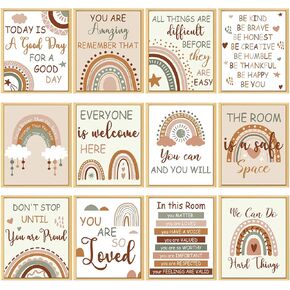 Nezyo 12 Pcs Rainbow Classroom Decor Boho Poster Bulletin Board Decorations Welcome Sign Inspirational Wall Art Motivational Poster for Classroom Nursery Decor, 11 x 14 Inch(Pastel Color)