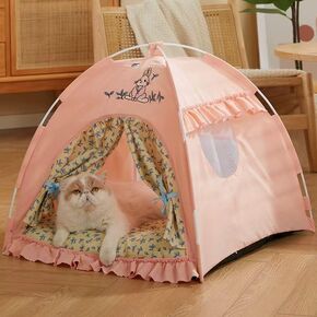 Cute Cat Teepee Cave, Cat Tent Foldable Indoor Outdoor with Thick Mat,Puppy Bed Tent,Bunny Pet Tent Teepee,Portable Dog House Teepee Tent, Cat Bed,Dog Bed Tent,Puppy Bunny,Pet Tent Teepee (A, S)