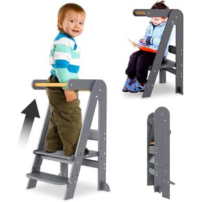 Folding Toddler Tower Kitchen Stand Helper - Standing Tower Foldable w/Safety Rail, Wall Bracket, Adjustable Height - Collapsible Nonslip Stand, Montessori Step Stool for Bathroom Counter & More