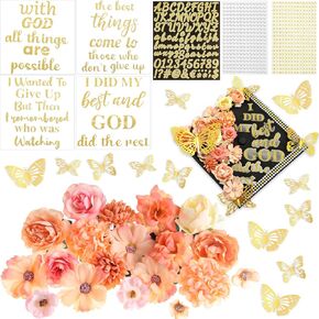 Feifeiya 41 Pcs DIY Graduation Cap Decorations Accessory Kit Include Faux Flower Heads Graduation Quote Glitter Sticker 3D Butterfly Pearl Rhinestones Sticker for Grad Cap Graduation Gift(Silver)