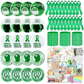 158 PCS تشمل عناصر التوعية بالصحة العقلية دبابيس الشريط الخضراء ، ودبابات الشارة ، والملصقات ، وأصحاب المعصم المطاطية لهدايا الصحة العقلية التي تدعم العقول التي توقف وصمة العار