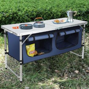 JOUYEY Outdoor Folding Table, Camping Table with Storage Organizer, Portable Aluminum Composite Panel Lightweight Table, 3 Adjustable Height, for Indoor, BBQ, Party, Picnic, Camping, Hiking, Beach