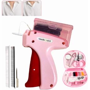 Needle Craft x Quick Stitch Shititing Gun for Clothers - Mini Stitch Gun ، تشمل مجموعة الخياطة ، وأحجام مختلفة من إبر الخياطة ، ومسدس وضع العلامات المثالي لإصلاحات اللحف ، وإصلاحات الملابس (الوردي)