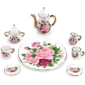 Dollhouse 1:6 Porcelain Tea Cup Sets 8 Pcs Set Miniature Ceramics Dollhouse Accessories Flower Pattern Teapot Platter Dish Sets Dollhouse Kitchen Supplies Decoration (Little Rose)