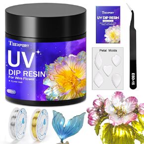 Teexpert UV Dip Resin for Wire Flowers Kit ، 100G Crystal Clear Clear Resin Starter Kit مع 5 قوالب بتلة ، 2pcs 31 قدمًا لصنع المجوهر
