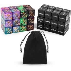 48pcs Abilities Keywords Counter Dice, Acrylic Creature Stats Buff Loyalty Dice Tokens Bulk Magic Life Counters Set with Velvet Bag Gifts for MTG TCG RPG Card Gaming Accessories (4 Colors)