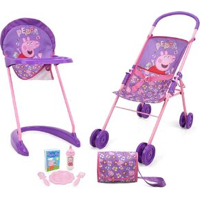 Peppa Pig: Stroll n 'Feed 8pc مجموعة - أرجوانية ، وردية ، زهور - عربة ، كرسي مرتفع ، حقيبة يد ، إكسسوارات التغذية ، للدمى حتى 18 "، لعبة الأطفال تتراوح أعمارهم بين 3+
