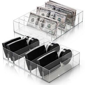 2 Pack Class Cash Organizer ، 8 أقسام منظم ماكياج ظلال ظلال العيون مع ديفيدر قابلة للإزالة ، واضحة المال بميزانية ميزانية حامل مستحضرات التجميل للبريد ، والتحرير ، والنظارات الشمسية