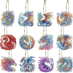 incok Diamond Art Keychains Dragon - 12 PCS Diamond Painting Ornament Kits DIY chain chain set animal gem gem crafts fridthival gift for beginners ader
