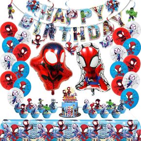 زخارف عيد ميلاد Spidey ، مجموعة لوازم الحفلات تشمل لافتة ، بالونات ، دوامات معلقة ، أغطية كعكة كب كيك ، مفرش المائدة للبنين فتيات Spidey Party