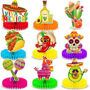 9pcs Mexican Fiesta Honeycomb Concerations 8 "لسينكو دي مايو ، تاكو يوم الثلاثاء ، يوم الموتى ، أعياد الميلاد والكرنفالات ، ديكور طاولة نابض بالحياة ، الدعائم الصور ، شريط تاكو و Luau لمستلزمات موضوع Luau