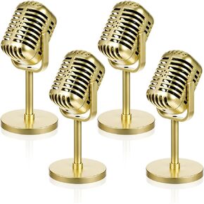 4 Pcs Gold Microphone Props Retro Vintage Plastic Fake Microphones Pretend Mic Centerpiece for Hip Hop Music Birthday Party Decorations Cosplay Podcast Event Rock and Roll