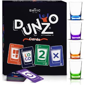 DUNZO® - Hydrating Version of Classic Card Game with 4 Unbreakable Glasses - Draw Two, Skip, Reverse, Get Loco - Fun Party Game & Funny Gifts - Card Games