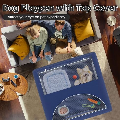 Dog Playpen, 42x42x25.6 Inches Foldable Portable Soft Puppy Playpen with Gate, Thickened Fabric Mesh Dog Fence with High-Strength Nylon Wire Mesh, Indoor Outdoor Breathable Exercise Pet Fence Cage in Saudi Arabia