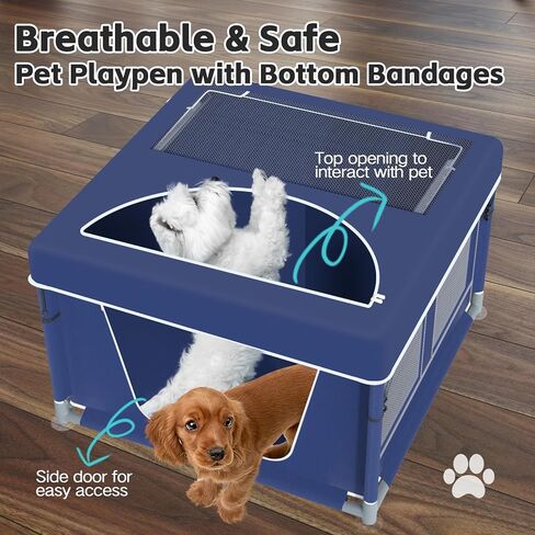 Dog Playpen, 42x42x25.6 Inches Foldable Portable Soft Puppy Playpen with Gate, Thickened Fabric Mesh Dog Fence with High-Strength Nylon Wire Mesh, Indoor Outdoor Breathable Exercise Pet Fence Cage in Saudi Arabia