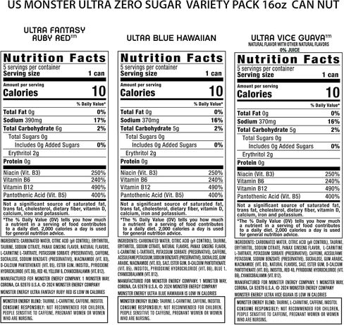 Monster Energy Ultra Variety Pack, Blue Hawaiian, Ultra Vice Guava, Ultra Fantasy Ruby Red, Sugar Free Energy Drink, 16 Ounce (Pack of 15) in Saudi Arabia