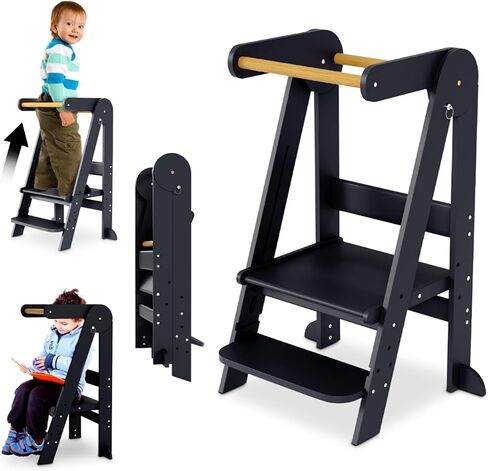 Folding Toddler Tower Kitchen Stand Helper - Standing Tower Foldable w/Safety Rail, Wall Bracket, Adjustable Height - Collapsible Nonslip Stand, Montessori Step Stool for Bathroom Counter & More in Saudi Arabia
