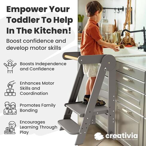 Folding Toddler Tower Kitchen Stand Helper - Standing Tower Foldable w/Safety Rail, Wall Bracket, Adjustable Height - Collapsible Nonslip Stand, Montessori Step Stool for Bathroom Counter & More in Saudi Arabia