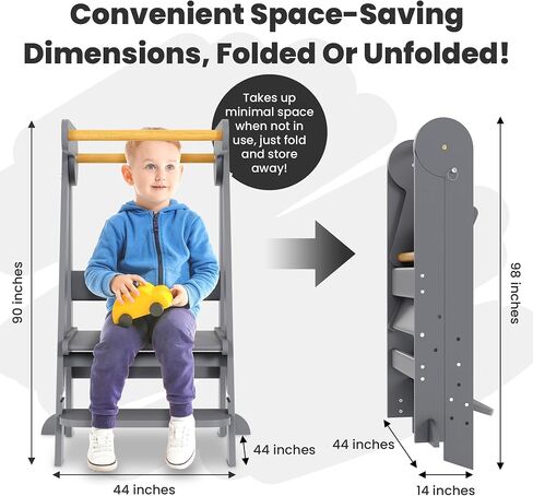 Folding Toddler Tower Kitchen Stand Helper - Standing Tower Foldable w/Safety Rail, Wall Bracket, Adjustable Height - Collapsible Nonslip Stand, Montessori Step Stool for Bathroom Counter & More in Saudi Arabia