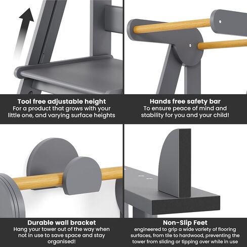 Folding Toddler Tower Kitchen Stand Helper - Standing Tower Foldable w/Safety Rail, Wall Bracket, Adjustable Height - Collapsible Nonslip Stand, Montessori Step Stool for Bathroom Counter & More in Saudi Arabia