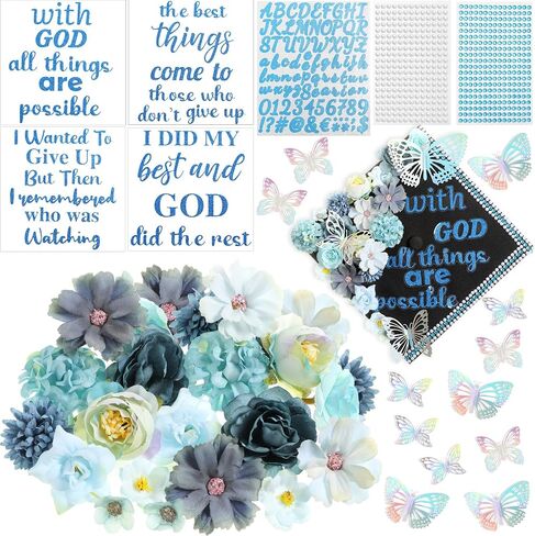 Feifeiya 41 PCS DIY Cap Cap Decorations Kit Compans Compans Consory Faux Flower Heads quote quote glitter sticker 3d bearl pearl rhinestons for grad cap graduation gift (silver) in Kuwait
