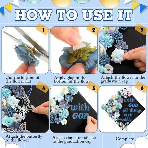 Feifeiya 41 PCS DIY Cap Cap Decorations Kit Compans Compans Consory Faux Flower Heads quote quote glitter sticker 3d bearl pearl rhinestons for grad cap graduation gift (silver) in Kuwait