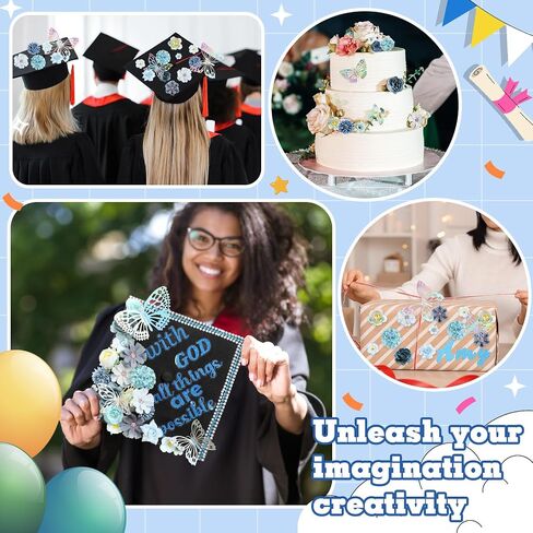 Feifeiya 41 PCS DIY Cap Cap Decorations Kit Compans Compans Consory Faux Flower Heads quote quote glitter sticker 3d bearl pearl rhinestons for grad cap graduation gift (silver) in Kuwait