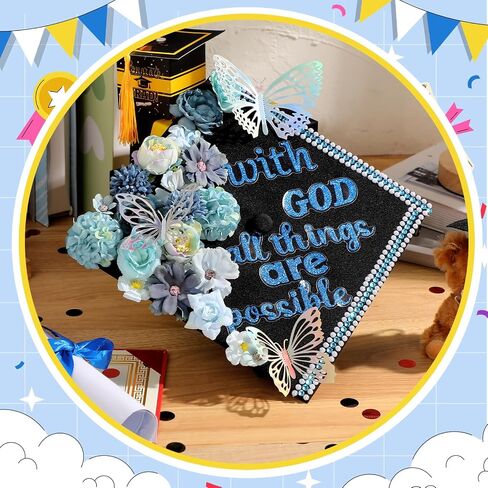 Feifeiya 41 PCS DIY Cap Cap Decorations Kit Compans Compans Consory Faux Flower Heads quote quote glitter sticker 3d bearl pearl rhinestons for grad cap graduation gift (silver) in Kuwait