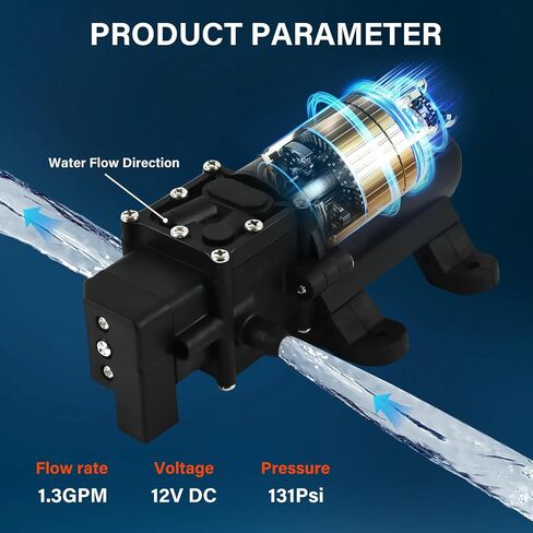 DC 12V Diaphragm Water Pump，0.9GPM (6L/Min) 131Psi,Fresh Water Pump,Self Priming Sprayer Pump with Pressure Switch with 2 Hose Clamps for RV Camper Marine Boat Garden Lawn in Kuwait