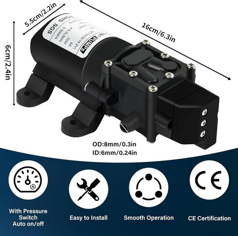 DC 12V Diaphragm Water Pump，0.9GPM (6L/Min) 131Psi,Fresh Water Pump,Self Priming Sprayer Pump with Pressure Switch with 2 Hose Clamps for RV Camper Marine Boat Garden Lawn in Kuwait