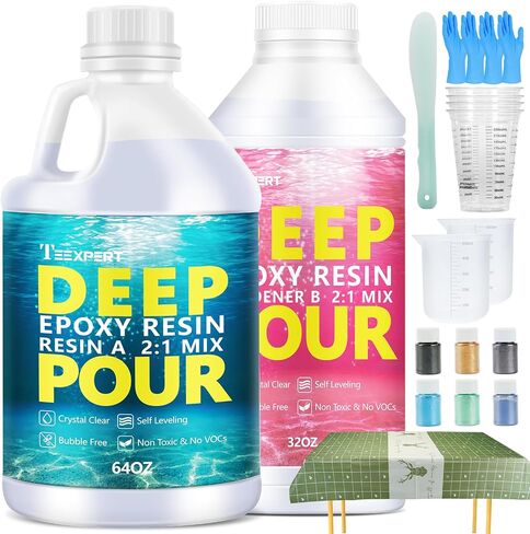 Teexpert Deep Pour Epoxy Resin, 51oz Epoxy Resin Kit for 2-4" Pour Depths, Crystal Clear & High Gloss, Bubble-Free Casting Resin for Flower Preservation, River Tables and Mold Crafts - 2:1 Mix Ratio in Kuwait