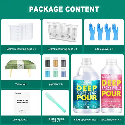 Teexpert Deep Pour Epoxy Resin, 51oz Epoxy Resin Kit for 2-4" Pour Depths, Crystal Clear & High Gloss, Bubble-Free Casting Resin for Flower Preservation, River Tables and Mold Crafts - 2:1 Mix Ratio in Kuwait