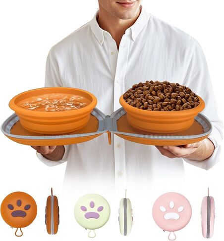 Collapsible Dog Bowls, Leakproof Double Silicone Food & Water Bowl for Travel, Camping & Hiking Portable Feeding Supplies for Dogs and Cats (Brown) in Kuwait