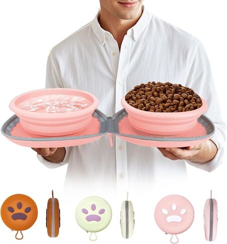 Collapsible Dog Bowls, Leakproof Double Silicone Food & Water Bowl for Travel, Camping & Hiking Portable Feeding Supplies for Dogs and Cats (Brown) in Kuwait