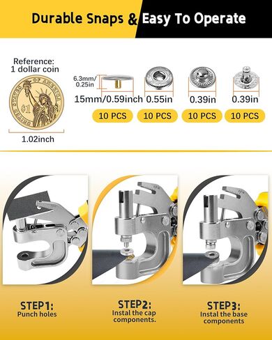 Leather Snap Fasteners Kit, Snap Button Kit Tool with 2 Colors 40 sets 15mm, Height 6.3mm/5.3mm Metal Buttons, Leather Snaps For Fabric, Clothes, Jackets, Purse, Belts, Bags, DIY Project(Black-Yellow) in Saudi Arabia