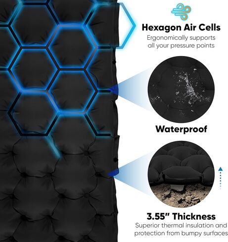 POWERLIX Sleeping Mat Pad – Self-Inflating Foam Pad - Insulated 3inches Ultrathick Mattress for Camping Backpacking, Hiking - Ultralight Camping Mat Pad for A Tent, Built in Pillow (Dark Black) in Saudi Arabia