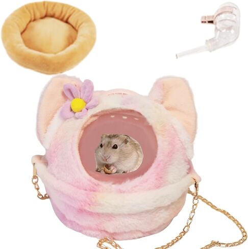 Hamster Carrier Cage with Lovely Cover and Chain Portable Cages Small Animals Carry Travel Case with Water Bottle Plastic Breathable Outgoing Cage for Dwarf Hamster Guinea Pig (Pink) in Kuwait