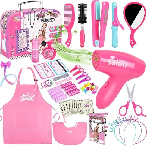 Gifts2U Hair Salon Toys for Girls, 26 Pcs Realistic Girl Beauty Salon Playset Hair Styling Set with Blow Dryer, Barber Costume Apron, Scissors and Stylist Accessories. in Kuwait