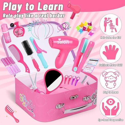 Gifts2U Hair Salon Toys for Girls, 26 Pcs Realistic Girl Beauty Salon Playset Hair Styling Set with Blow Dryer, Barber Costume Apron, Scissors and Stylist Accessories. in Kuwait