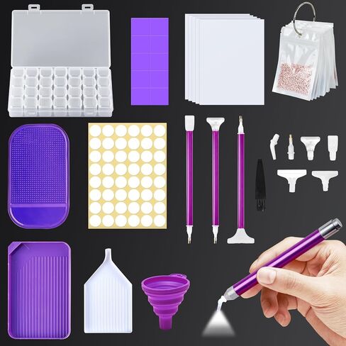 Diamond Art Accessories,DIY Diamond Paintings Accessories and Tools Kit with Diamond Paintings Pen with Light,Storage Box,Wax,Trays,Mat,Release Paper for Adult Beginner (Purple) in Saudi Arabia