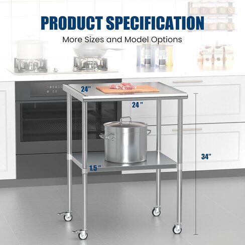 Stainless Steel Table with Wheels 24 x 60 Inches Metal Prep Table with Adjustable Undershelf for Commercial Kitchen, Outdoor, Restaurant, Hotel & Garage in Saudi Arabia