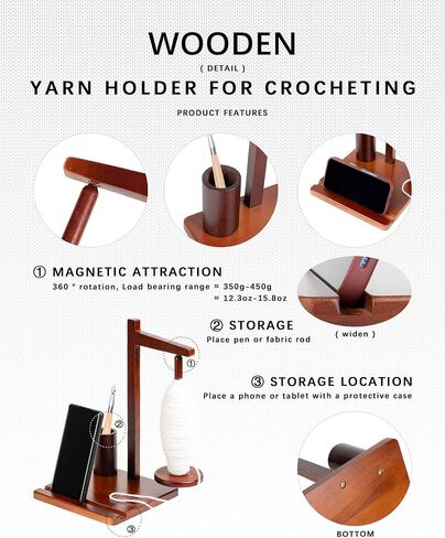 Hefild Magnetic Yarn Holder for Crocheting with Phone Stand– 360° Spinning Spindle for Tangle-Free Yarn Ball Holder Spinner, Solid Wood Construction, Ideal for Knitting & Crochet Projects in Kuwait
