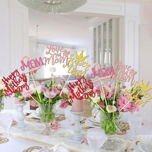 12 PCS Happy Mother's Centerpiece Sticks Double -Side Glitter Love Super Mom Best Mom Centerces for Happy Mother's Templing Thail in Kuwait