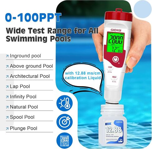 Pool Salt Tester pH Meter New Update Digital pH Tester Salinity Meter with Multiple Parameters Display for Pool Water Quality TDS EC Salt Meter for Saltwater Hot Tub&Spa Inground Pool Aquarium in Saudi Arabia