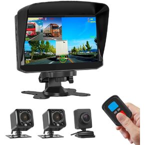 VSYSTO 3CH Truck Dash Cam شاشة 7.0 بوصة عالية الدقة مع كاميرات رؤية ليلية بالأشعة تحت الحمراء الأمامية اليسرى واليمنى 1080 بكسل، تدعم وضع ركن السيارة تطبيق WiFi 2.4G عن بعد GPS