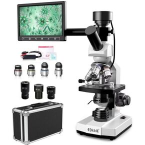مجهر مطور للبالغين، تكبير 40X-2500X، مجهر مركب ثنائي الرؤية للطلاب الأطفال، كاميرا مدمجة بدقة 5 ميجابكسل مع شاشة LCD معلقة مقاس 7 بوصات، مسرح ميكانيكي مزدوج الطبقة in Kuwait