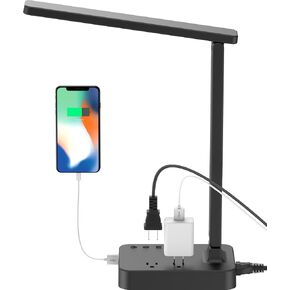 مصباح مكتب LED، مصباح مكتب مع منفذ شحن USB واحد ومنفذ طاقة تيار متردد، 3 أوضاع إضاءة، 3 مستويات سطوع، مؤقت ساعة واحدة، تحكم باللمس، مصباح طاولة قابل للطي للمكتب المنزلي للعناية بالعين (أسود)